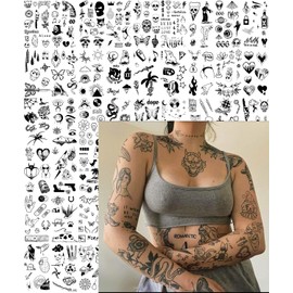 Impressed.co Impresionado 48 Hojas Custom Unisex Vintage Patchwork Tatuajes Temporales - Pequeño Semi Permanente Minimalista Negro Tatuaje Falso Flash Para Mujeres Y Hombres - Micro Tiny A