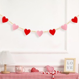 Valentines Day Decor, Red Pink Felt Heart Wood Beads Garland for Valentines Decorations, Valentines Day Felt Banner Decorations for Home Mantel Wedding Anniversary Party Supplies