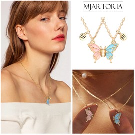 MJARTORIA Friendship Necklaces for 2 Women Girls BFF Necklace Butterfly Jewellery Pendant Best Friend Chain Puzzle Best Friends Engraving Children, Metal, No Gemstone