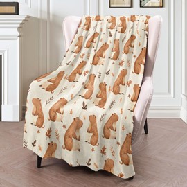 ICAAV Capybara Flannel Blanket 50x60in,Cute Cartoon Capybaras with Autumn Leaves on Cream Background,Soft Lightweight Throw for Kids,Girls,Animal Lovers,Fall Decor Gifts Blankets