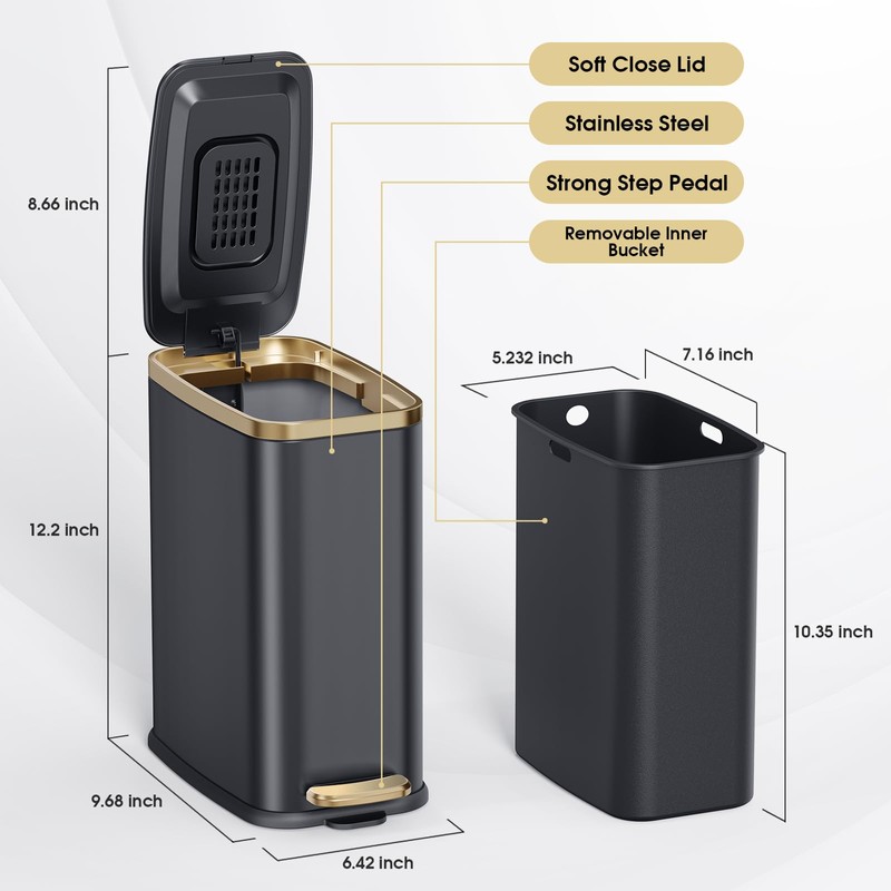 CEROELDA Small Bathroom Trash Can with Lid Soft Close-5L/1.3 Gal