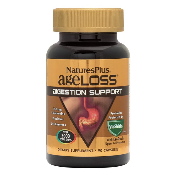 NaturesPlus AgeLoss Digestion Support - 90 Capsules - Prebiotics, Live Enzymes & 150 mg L-Glutamine - Gluten Free - 30 Servings