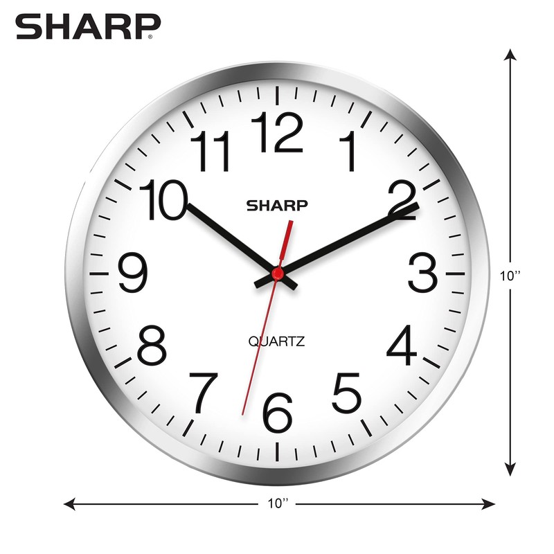 SHARP Wall Clock – Silver/Chrome, Silent Non Ticking 10 Inch