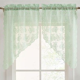 HLC.ME Jolene Floral Rod Pocket Lace Short Cafe Swags for Small Windows - 28 x 36 Inch Length (Seafoam Green Swags, Set of 2)