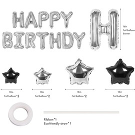 Silver and Black Happy Birthday Decorations for Boys Men Girls Women, Foil Happy Birthday Banner, Fringe Curtains, Star Balloons for Him Her 13th 16th 18th 20th 21st 25th 30th 40th 50th 60th Birthday