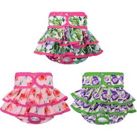 Pañales Lavables para Perros Hembra, Paquete 3 Vestidos Faldas Reutilizables, para Perras Hembras en Calor, Período, Incontinencia, 28-32cm de Cintura Ajustable, Patrón Flores Púrpura/Verde/Rosa (S)