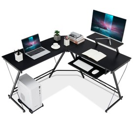 Tangkula L-Shaped Computer Desk, Home Office Corner Workstation with Movable Host Stand, Removable Monitor Shelf & Pull-Out Keyboard Tray, Study Writing Gaming Desk (Black)