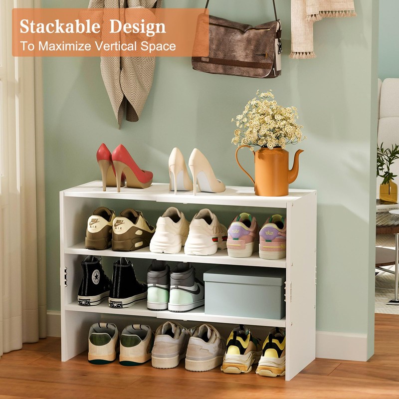 3-Tier Small Shoe Rack Organizer for Closet, White Expandable Shoe