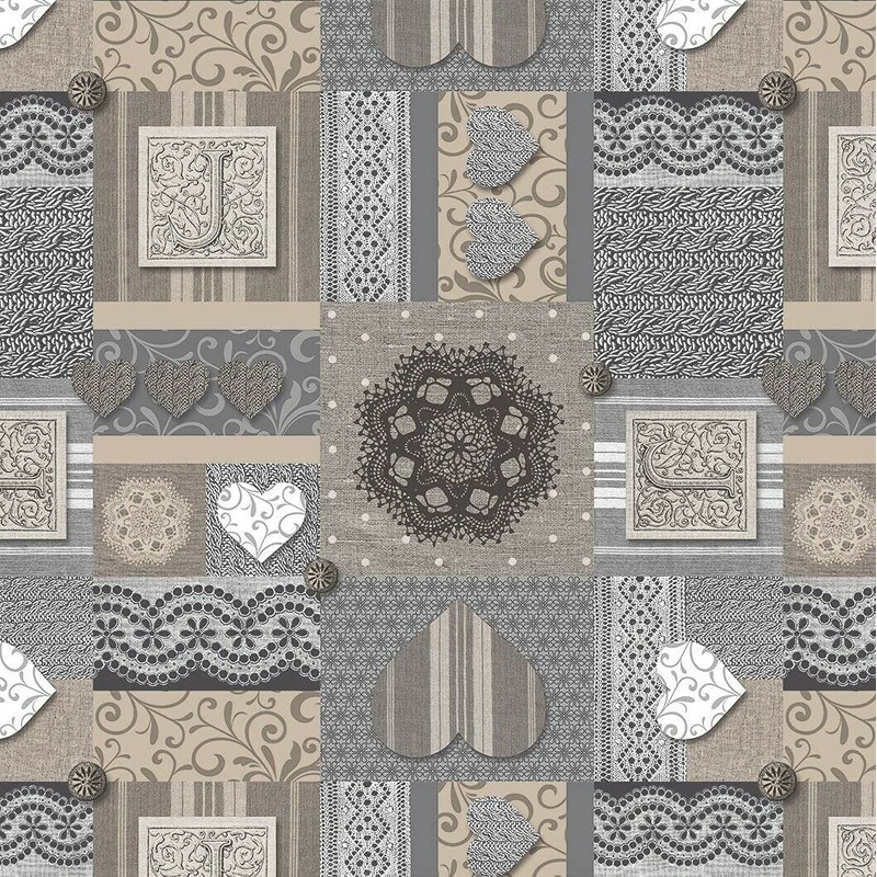 Karina Home Amelia Grey and Beige Hearts Wipe Clean Tablecloth