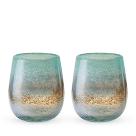Twine Living Playa Bonita Stemless Wine Glasses, Recycled Drinking Glass, Coastal Inspired Sea Blue and Sand Design, Mexican Glassware, Decorative Drinkware for Home Bars, 13 oz, Set of 2
