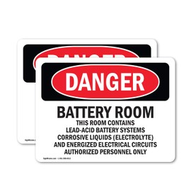 (2 Pack) Battery Room Contains Lead-Acid OSHA Danger Sign 18 Inch X 12 Inch Vinyl Label Decal Sticker Weather Resistant, UV Protected for Workplace, Business, and Construction Site, Made in the USA