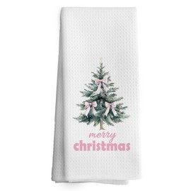 TAEDIN Pink Christmas Kitchen Towels Decor, Pink Winter Xmas Holiday Dish Towel 16x24 Inches, Pink Bow Coquette Christmas Tree Decorative Absorbent Dishcloths Hand Tea Towels for Kitchen Decor