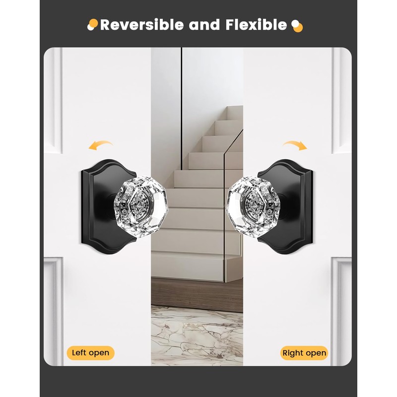 Gobrico 3 Pack Crystal Door Knobs with Matte Black Arched
