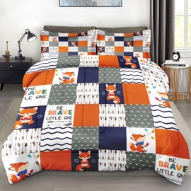 Pamnest Comforter Set Full Size, Cute Fox Animal Soft 3 Pcs Bedding for Kids and Adults, Orange Grid Cartoon Comforter Set with 2 Pillowcases for Bedroom Bed Decor