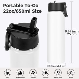 Neihepal 22 oz Insulated Kids Water Bottle with Straw Lid Bulk 2 Pack,Reusable Double Wall Vacuum Metal Flask Keeps Cold and Hot,18/8 Stainless Steel Sports Bottles for School & Travel(White,2 Set)