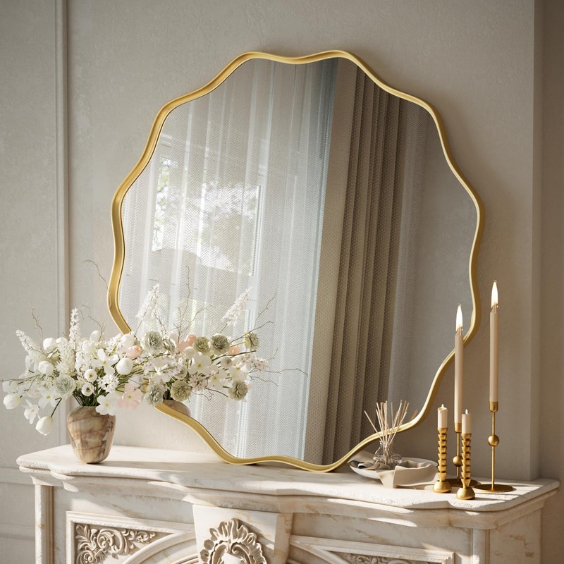 VooBang Gold Scalloped Circle Mirror, 30" Wavy Edge Round Wall