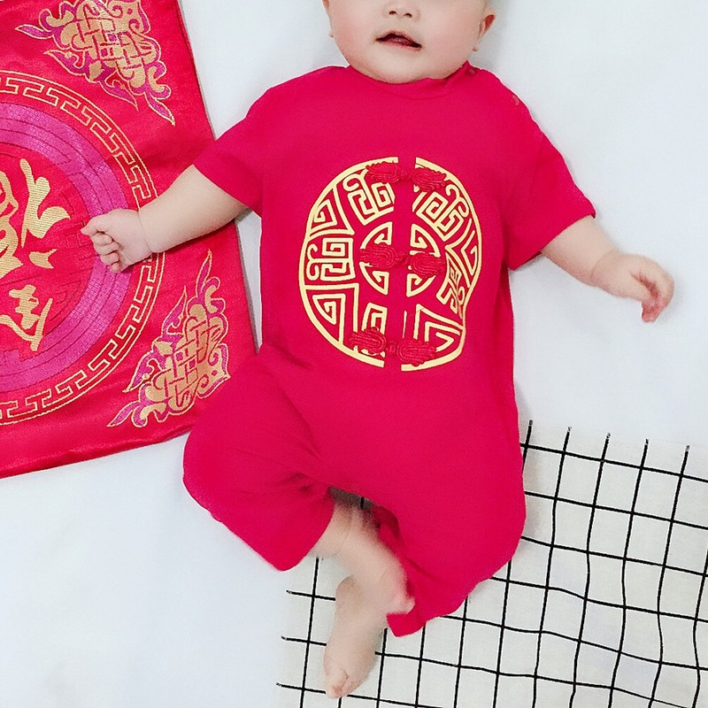 Chinese Style Infant Short Sleeve Embroidery Jumpsuit Cotton Breathable Baby