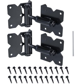 Auxdee Black 90 Degree Adjustable Self Closing Hardware Hinges for Wooden/Vinyl/PVC/Metal Fences,with Installation Screws and Swing Adjuster Tool, Heavy Duty Self Closing Gate Hardware Hinges, 2 Pack