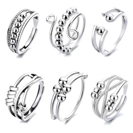 6PCS Anxiety Rings for Women Girls Silver Fidget Ring Stress Reliever Ring Adjustable Open Spinner Bead Anxiety Rings, Autism Sensory Anxiety Reliever Jewelry, Gifts for Mum Girlfriend Daughter