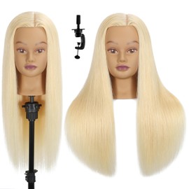 Mannequin Head Human Hair 24" 100% Human Hair Mannequin Head，Cosmetology Mannequin Head Doll Head for Hair Styling Hairdresser Manikin Head with Free Clamp Holder(Platinum Blonde)