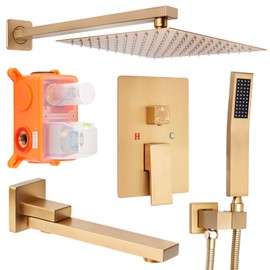 12 inch Square Shower Head and Handheld Set, Gasecoet Shower System with Tub Spout Wall Mounted Shower Faucet for Bathroom - Brushed Gold (With Shower Valve)