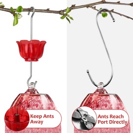 SIXTOYZF Ant Moat for Hummingbird Feeders 4 Pack,2 oz Capacity,Suitable for Outdoor Yard Hanging Feeders,Hummingbird Feeder Ant Guard,Rustproof S Hooks,Sturdy,Leakproof,Red Flower Shape