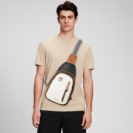 LATMAP Sling Bag for Women Men Leather Small Sling Backpack Daypack Anti Theft Fanny Pack Crossbody Purse Travel,Black and Brown With Beige