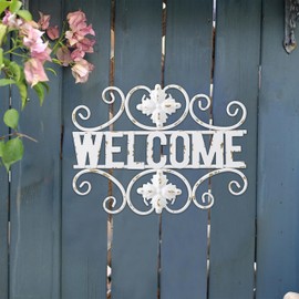 Sintosin Rustic Metal Welcome Sign for Front Door 12 Inch, Hanging Distressed White Wrought Iron Wall Decor, Decorative Welcome Sign for Front Porch Living Room Home Wall Art Outdoor Indoor