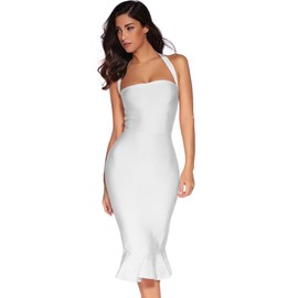 Womens Halter Fishtail Bandage Party Dress Elegant Wedding Guest Dress(White,S)