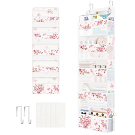 Clastyle Flower Over the Door Organizer Leaf Nursery Hanging Storage Organizer for Women Girls Clothes Diaper Toy Closet Door Hanging Shelf Storage for Bedroom Bathroom Pantry, Cherry Blossom, 5-Tier