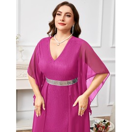 ZOMVA Plus Size Formal Dress V Neck Chiffon Handkerchief Sleeve Mother of Bride Dresses Wedding Guest Party Evening Gown, Hot Pink, 0X