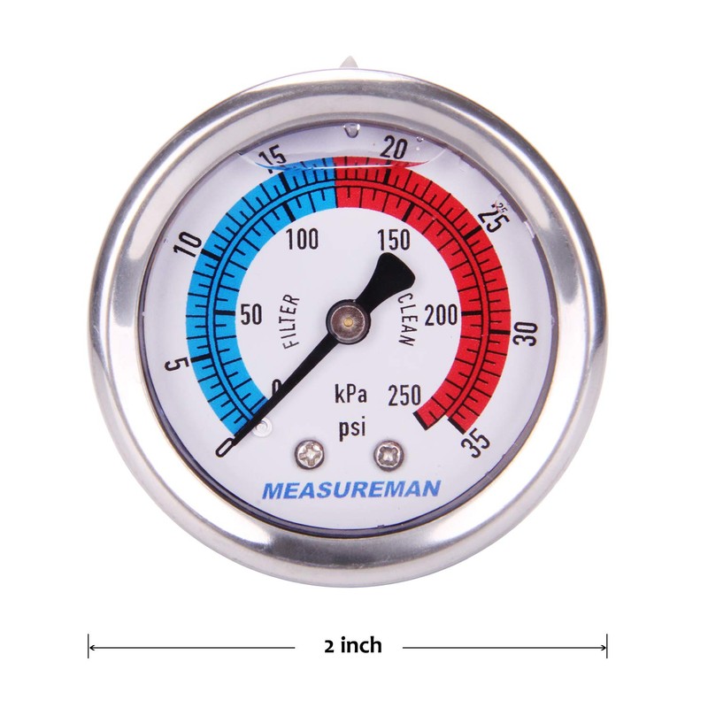 MEASUREMAN 2" Dial Size, Liquid Filled Pool Filter Pressure Gauge,