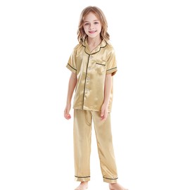 Horcute Kids Satin Short-Top and Long-Pants 2-Pieces Pajamas Sleepwears Set Gold 170# 11-12Y