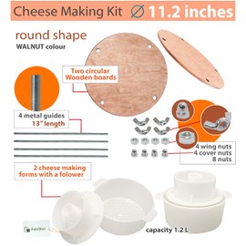 PetriStor Wooden Cheese Press for Cheese Making Supplies Diameter 11 in Metal Guides Walnut and 2 Cheese Mold with Follower Piston 1.3 Qt - Home Supply Ultimate Cheese Press - Prensa Para Queso