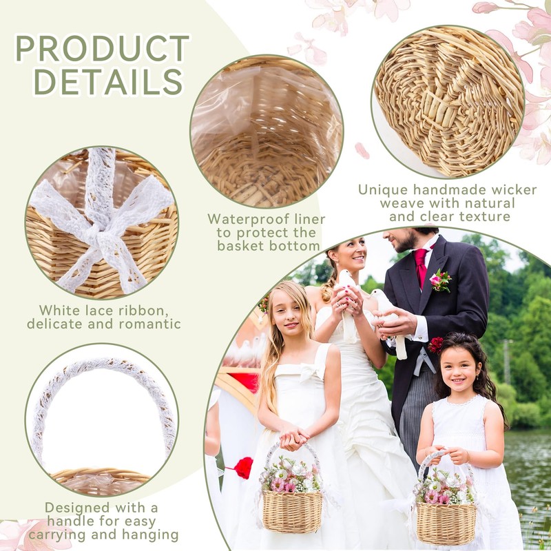 Set of 2 Wicker Rattan Flower Girl Basket for Wedding