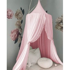 Princess Bed Canopy Mosquito Net for Kids Baby Crib, Round Dome Kids Indoor Outdoor Castle Play Tent Hanging House Decoration Reading nook Cotton Canvas,Pink