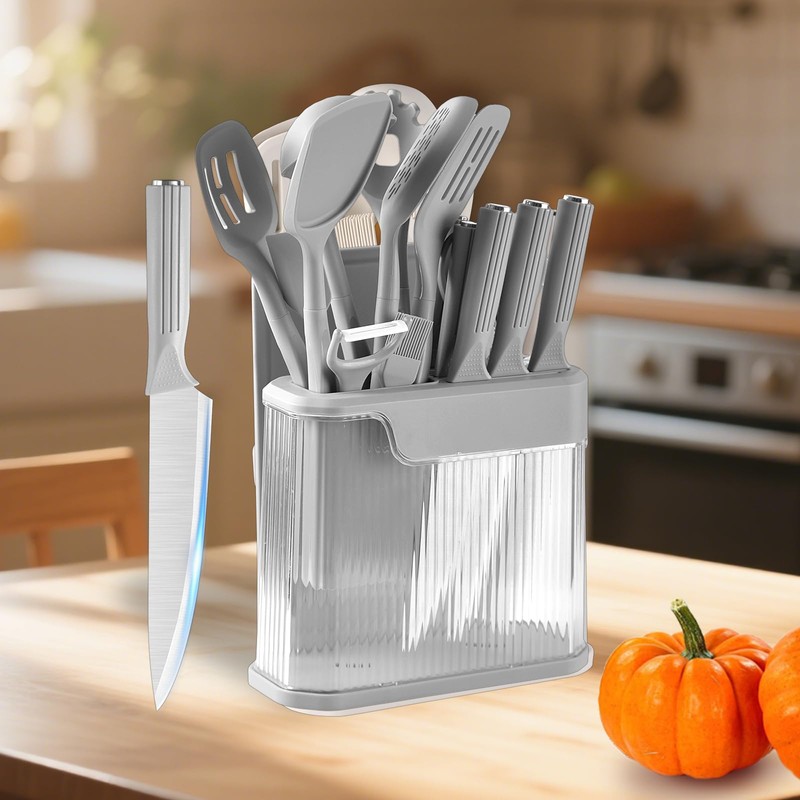 YJHOLE 17pcs Kitchen Utensils Set with Sharp Stainless Steel Knives