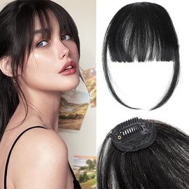 100% Human Hair Clip in Bangs for Women - Natural Bangs Look with Temples, Thin or Curved Bangs (Natural Black)