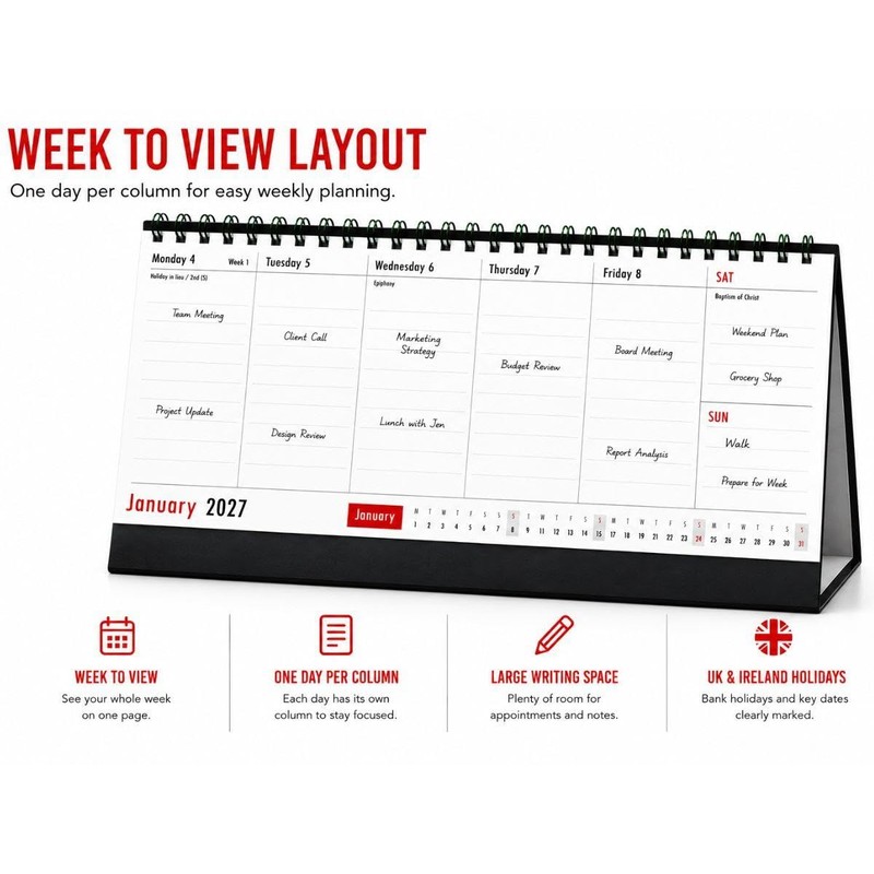 2027 Desktop Weekly Planner Calendar - Week To View Freestanding