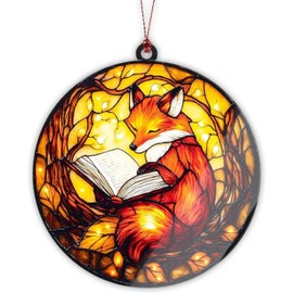 Fox Ornament, Book Lover Gifts for Women, Book Ornament, Christmas Ornaments 2025, Cozy Reading Animal Decor, Literary Gift Idea, Autumn Light Acrylic Suncatcher Ornaments, Unique