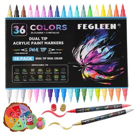 36 Colors Acrylic Paint Markers,18 Pack Dual-Color Acrylic Paint Pens with Brush Tip Contain 2 Metallic Colors for Rock Painting,Egg,Wood,Glass,Canvas,Fabric,Ceramic,Crafts,Art Supplies (36 Colors)
