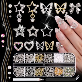 80Pcs 12 Styles 3D Nail Charms and Flatback Gems Pearl + Nail Chains, Silver Shiny Luxury Gems, Crystal Diamond Jewels Studs with Rhinestones for Nail Design, Nail Art Decor Set for Acrylic Nails