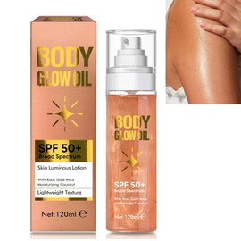 Shimmer Body Glow Oil, Natural Glow Moisturizer with SPF 50 Broad Spectrum, Lightweight & Waterproof Shimmer Sunscreen Body Oil to Luminize Your Skin