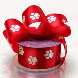 1 1/2" X 10 Yards Iridescent Paw Print Red Satin Ribbon