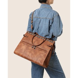 FADEON Laptop Bag for Women Designer PU Leather Large Tote Bags Packpack Purses with 15.6 Laptop Compartment Travel Shoulder Handbag Brown