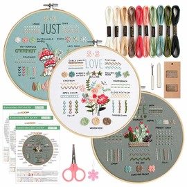 3 Sets Embroidery Kit for Beginners Embroidery Stitch Practice Kit for Beginners Adults, Stitch Practice Kit, Includes Cloth with Pattern, Hoop, Colorful Threads and Tools
