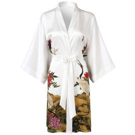 TicyLuck Women's Silk Kimono Robe Short Bathrobe Nightgown 100% Mulberry Silk for Women - Classic Floral Pattern (US, Alpha, One Size, Regular, Regular, White)
