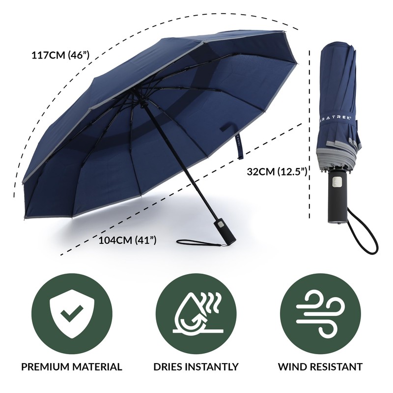 TERRATREK Windproof Umbrella: Strong Fibreglass, Compact Auto Open/Close, Premium Teflon
