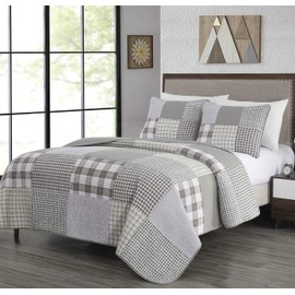 Chezmoi Collection Adrian 3-Piece Plaid Windowpane Checkered Patchwork Quilt Set - Soft Lightweight 100% Washed Cotton Bedspread for All Season, Queen Size