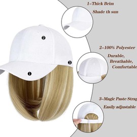 WUODHTW Woman Baseball Cap with Hair Extensions Straight Short Bob Hairstyle Adjustable Wig Hat 14inch Duck Tongue Hat Wig